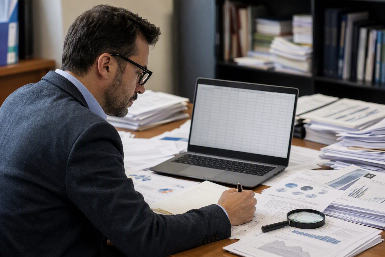 Pesquisador em uma mesa cercada de relatórios impressos, com uma planilha vazia no laptop e uma lupa sobre os documentos.