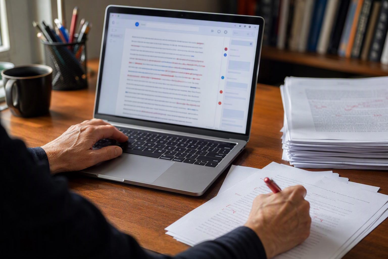 Mãos de um professor sobre uma mesa com laptop mostrando uma interface de correção de texto, caneta vermelha e pilha de redações impressas ao lado.
