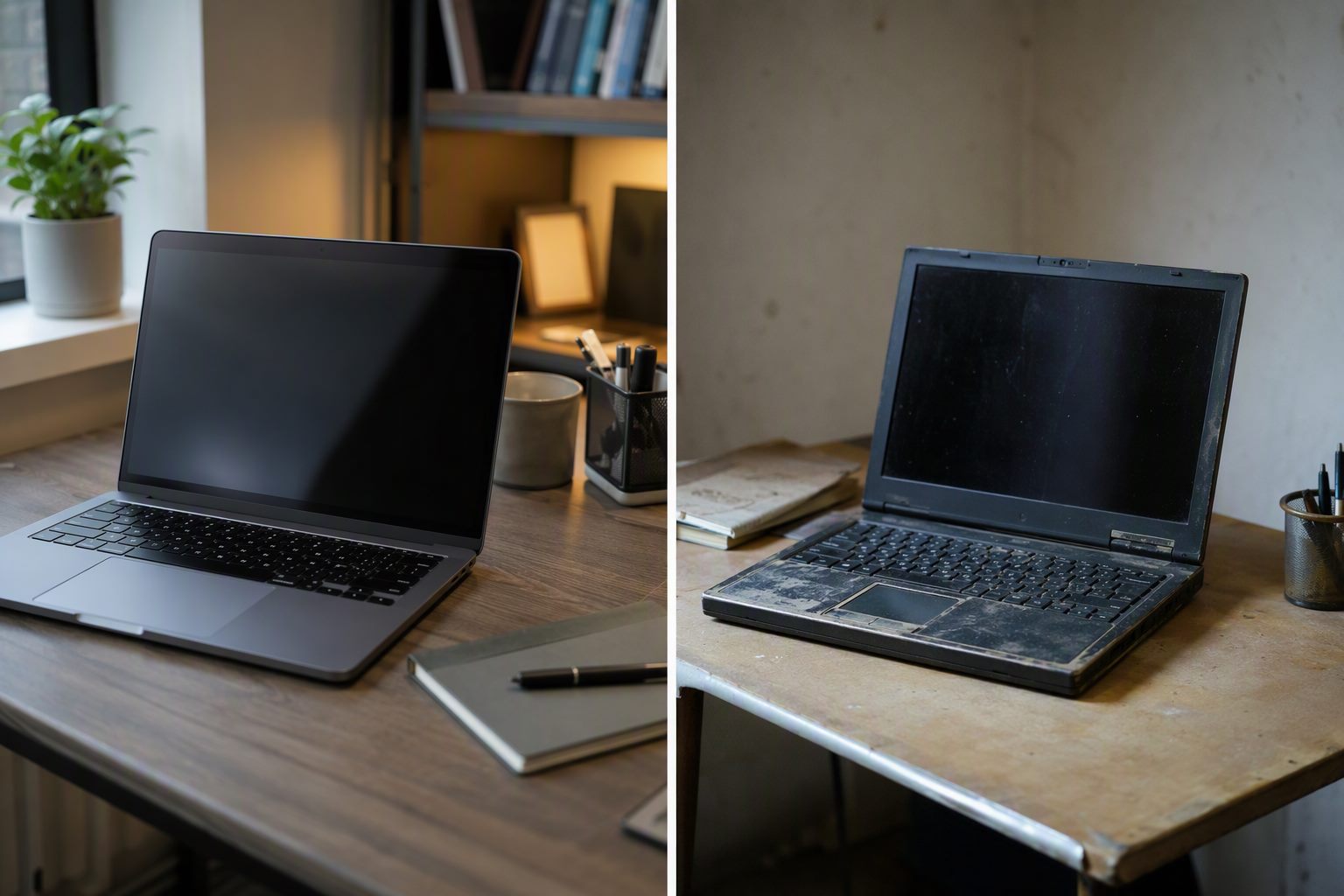 Composição comparando um laptop moderno em uma mesa organizada de um lado e um laptop mais antigo e desgastado em uma mesa simples do outro.