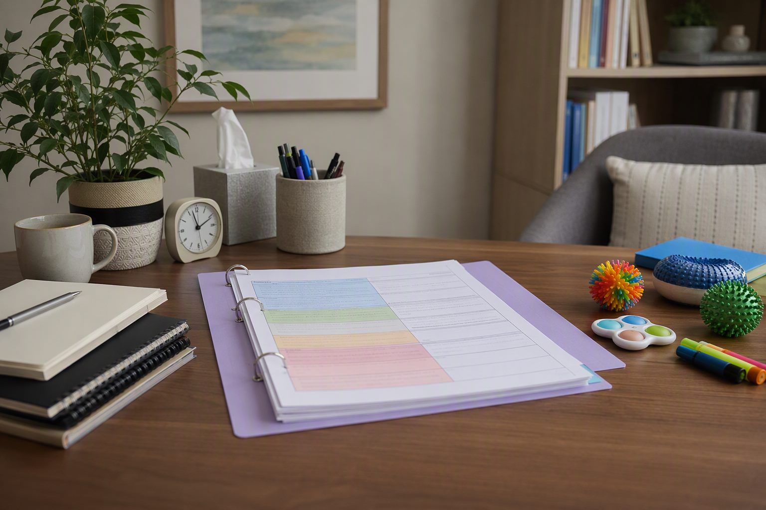 Mesa de especialista com um plano educacional individualizado aberto, ferramentas sensoriais coloridas organizadas ao lado.
