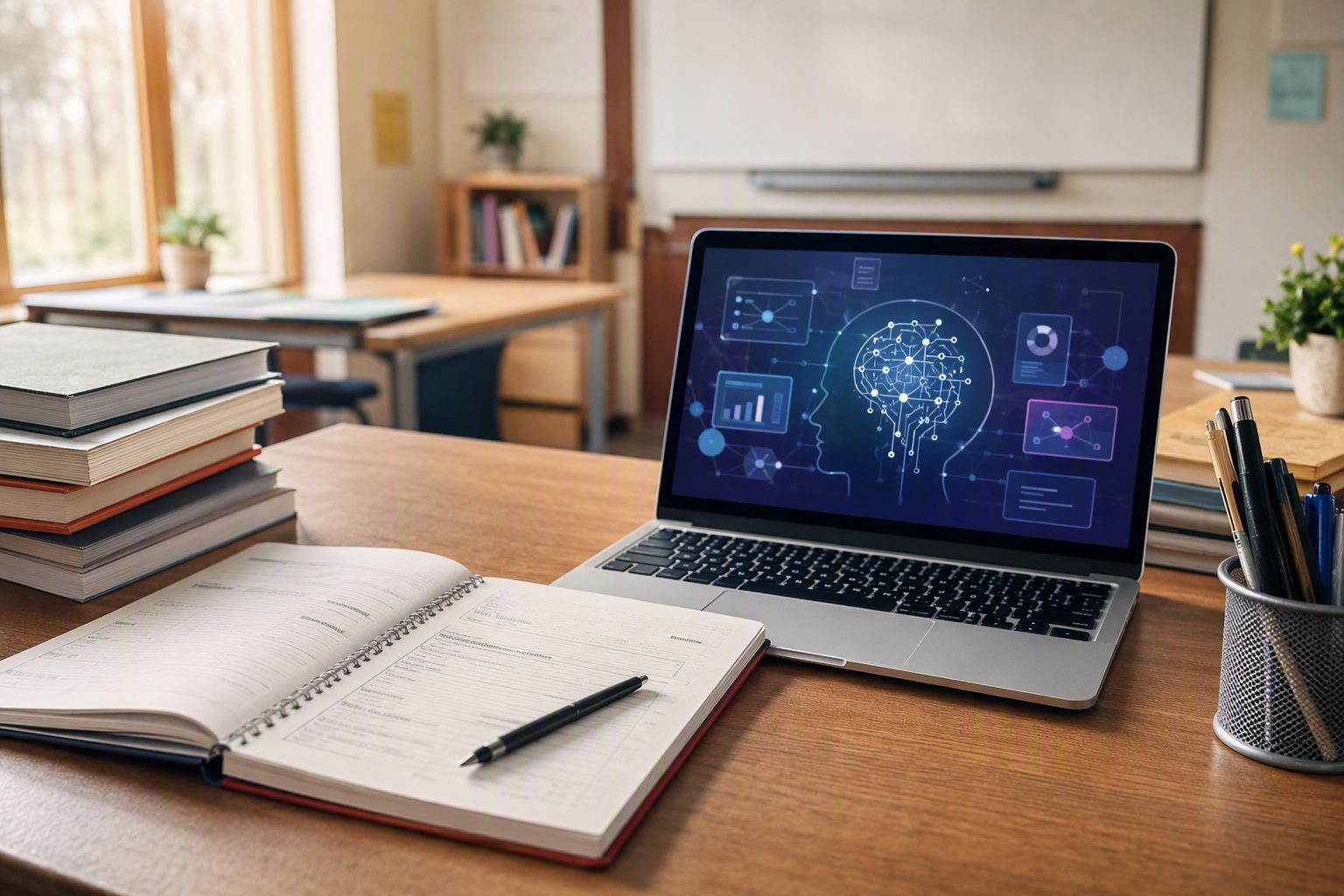 Mesa de professor com caderno de currículo aberto e laptop mostrando uma interface abstrata sobre letramento em IA, livros didáticos ao lado.
